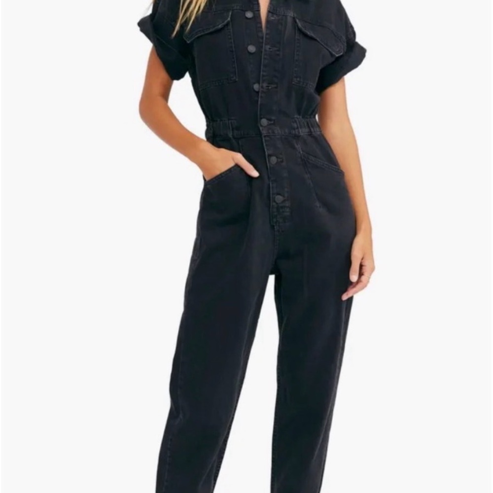 Free People Black Short-Sleeve Button Utility Jumpsuit